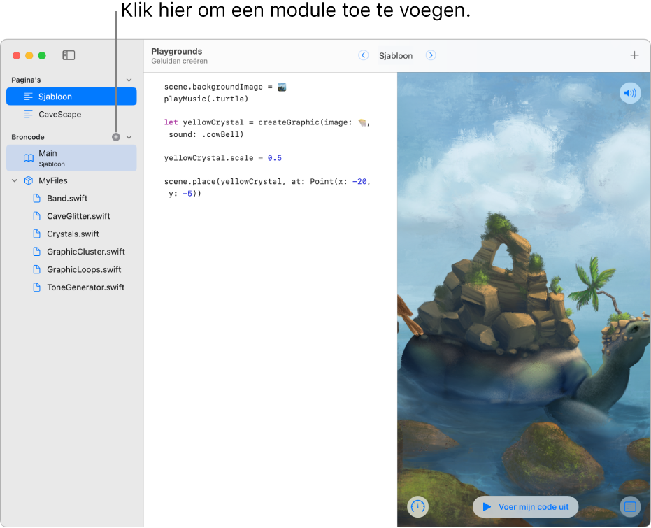 Een playgroundpagina met geopende zijkolom met een lijst met pagina's, modules en Swift-bestanden. Bovenaan het gedeelte met modules staat een plusknop waarop je kunt klikken om een module toe te voegen. Onder in het gedeelte met modules in de zijkolom is een nieuwe naamloze module geselecteerd waarvan de naam kan worden gewijzigd.