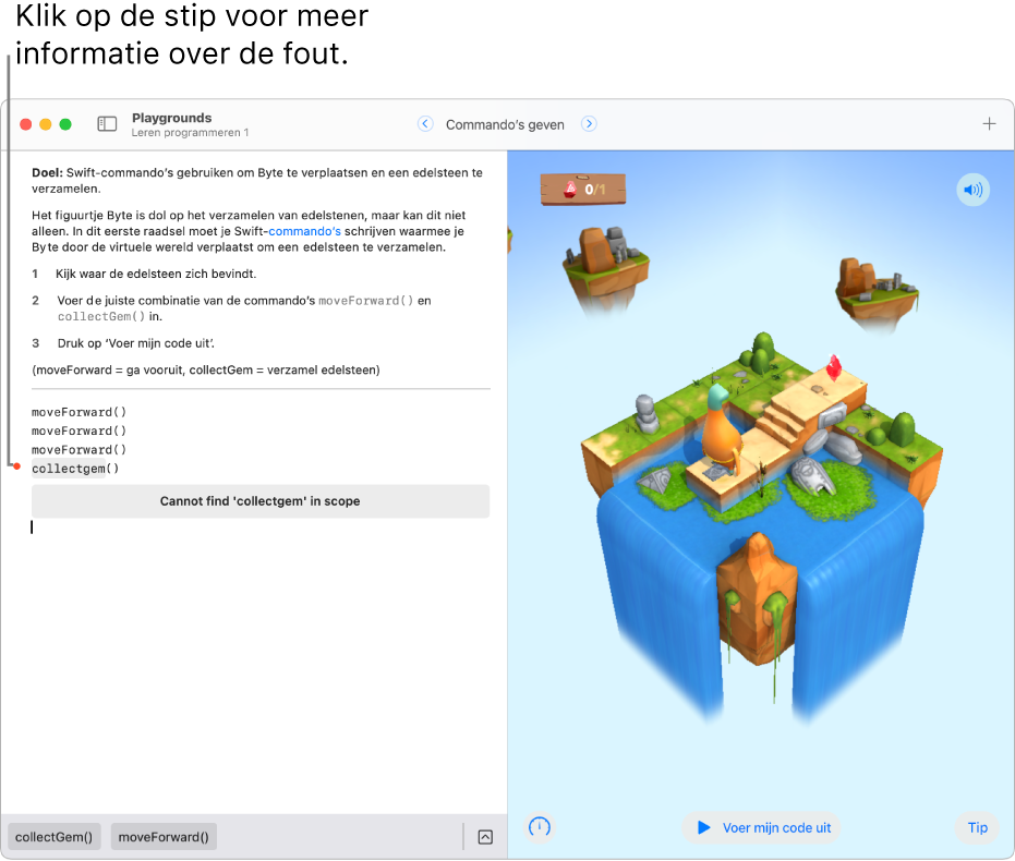 Een geopend playgroundboek met code aan de linkerkant, een rode stip naast de regel met code die op een fout duidt en daaronder uitleg over de fout.