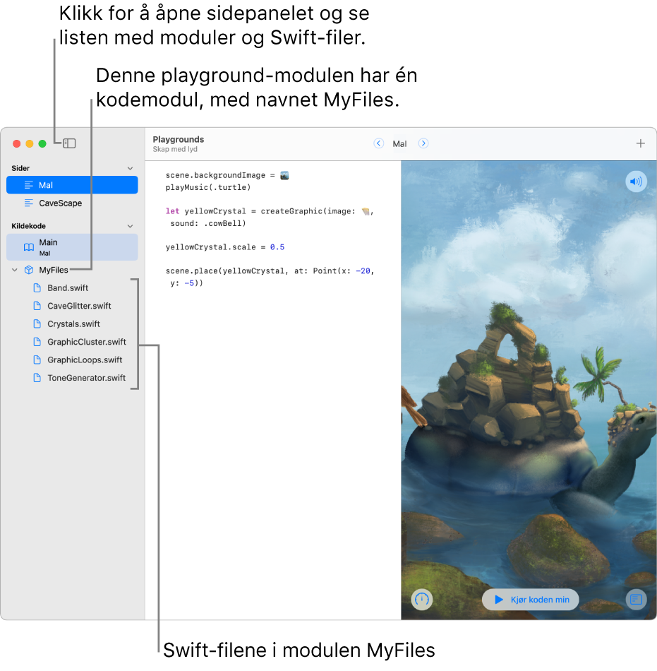 En playground-side med sidepanelet og listen med moduler åpnet for å vise at playgrounden har én kodemodul, kalt MyFiles, med seks Swift-filer i.