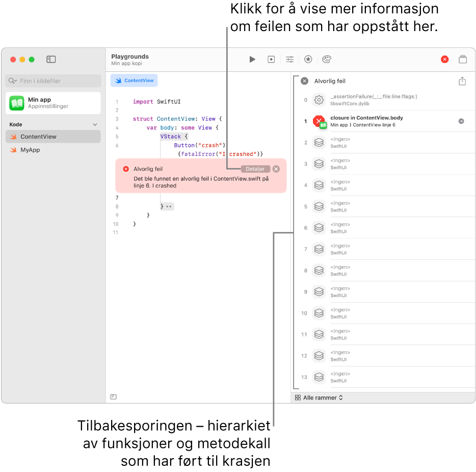 Kode i en app som viser feil etter at appen har kjørt. Feilmeldingen har en Detaljer-knapp som åpner tilbakesporingen, som er hierarkiet av funksjoner og metodekall som førte til krasjet.