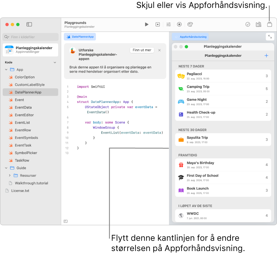 En planleggingskalenderapp som viser eksempelkode til venstre og resultatet av koden i appforhåndsvisningen til høyre. Over kodeområdet er det en kort beskrivelse av appen, med en Mer-knapp som du kan klikke på for å få mer informasjon om appen.