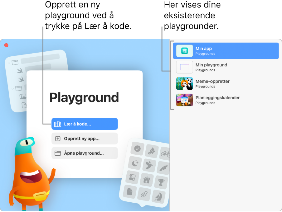 Swift Playground-velkomstskjermen viser valgene Lær å kode, Opprett ny app og Åpne playground, og eksisterende apper vises til høyre.