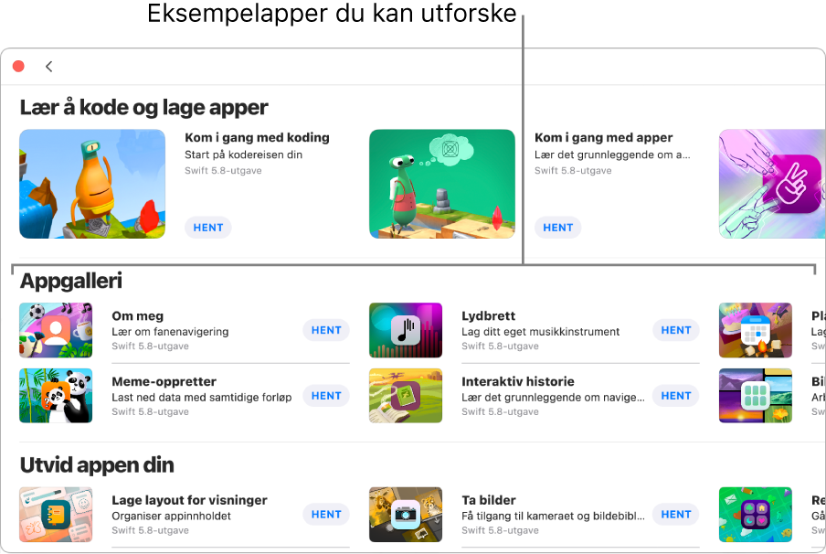 Flere playgrounder-vinduet, som viser Appgalleri-delen med eksempelapper som du kan bruke som utgangspunkt for å lage apper ved å legge til din egen kode. Hver app har en Hent-knapp som du kan klikke på for å laste den ned. Appene i den neste delen, Utvid appen din, inneholder kode som du kan bruke til å utvide andre apper som du laster ned eller lager. Den nederste delen, Bøker, inneholder playground-bøker.