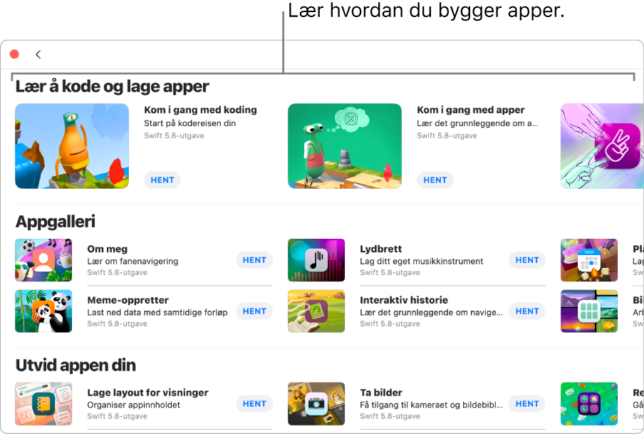 Flere playgrounder-vinduet, som viser innføringene i Lær å kode og lage apper-delen øverst.