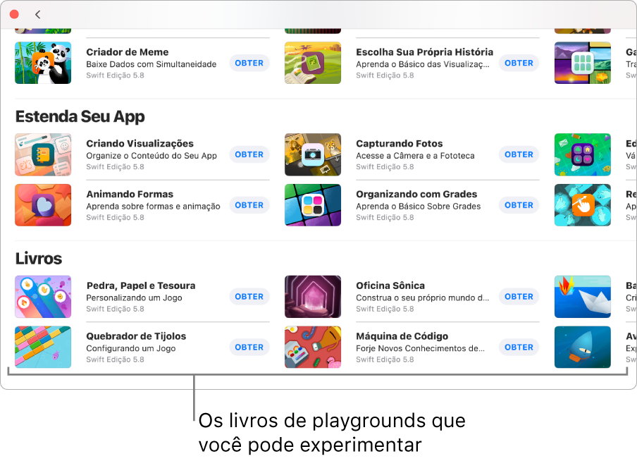 A janela Mais Playgrounds. Na parte inferior está a seção Livros, mostrando vários livros com exemplos de playgrounds que você pode experimentar.