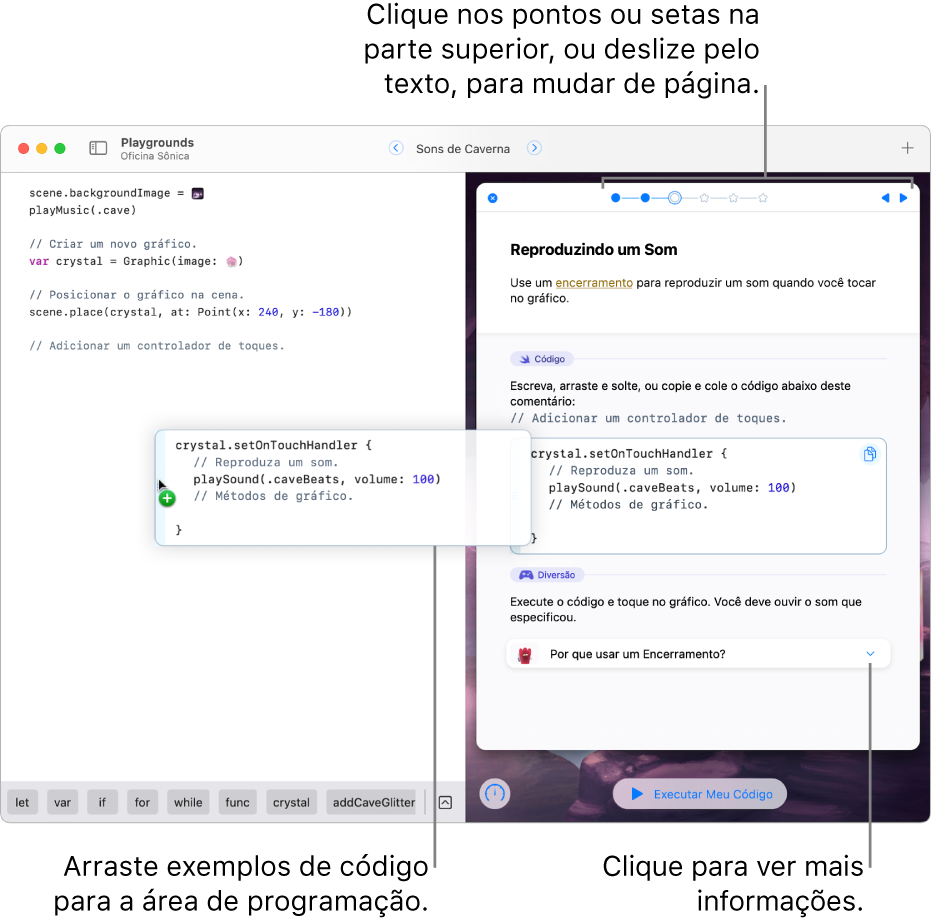 Um livro de playground aberto, com instruções e exemplo de código à direita, e uma área de código à esquerda, mostrando como arrastar um exemplo de código das instruções para a área de código.