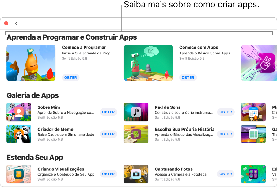 A janela Mais Playgrounds, mostrando os tutoriais da seção Aprenda a Programar e Construir Apps na parte superior.
