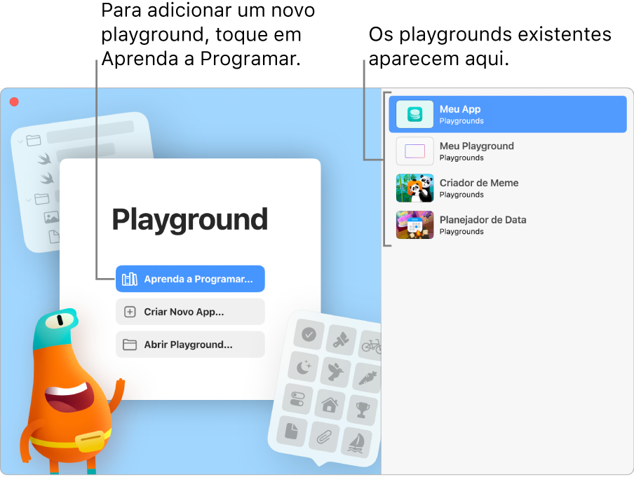 A janela de boas‑vindas do Swift Playground com as opções Aprenda a Programar, Criar Novo App ou Abrir Playground, além de apps existentes aparecendo à direita.