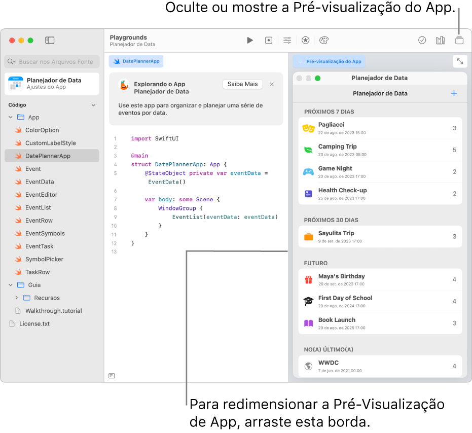 Um app planejador de data, mostrando um exemplo de código à esquerda e o resultado do código na Pré-visualização do App à direita. Acima da área de código, há uma breve descrição do app, com o botão Saiba Mais, que você pode clicar para saber mais sobre o app.