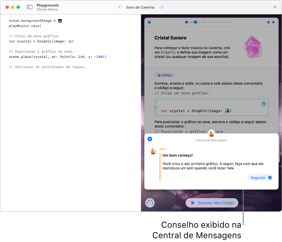 Um livro de playground aberto, mostrando a Central de Mensagens aberta, oferecendo feedback sobre o código que acabou de ser executado.
