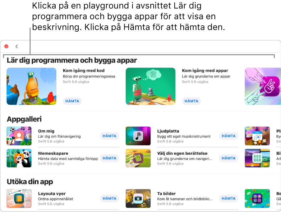 Fönstret Fler playgrounder. Högst upp finns avsnittet Lär dig programmera och bygga appar med övningsplaygrounder som är utformade så att du enkelt kan lära dig att programmera. Var och en har en Hämta-knapp som du kan klicka på för att hämta den. Det andra avsnittet, Appgalleri, innehåller exempelappar som du kan använda som utgångspunkter när du bygger appar genom att lägga till egen kod. Apparna i det tredje avsnittet, Utöka din app, innehåller kod som du kan använda till att utöka andra appar som du hämtar eller skapar. Det fjärde avsnittet, Böcker, innehåller playgroundböcker.