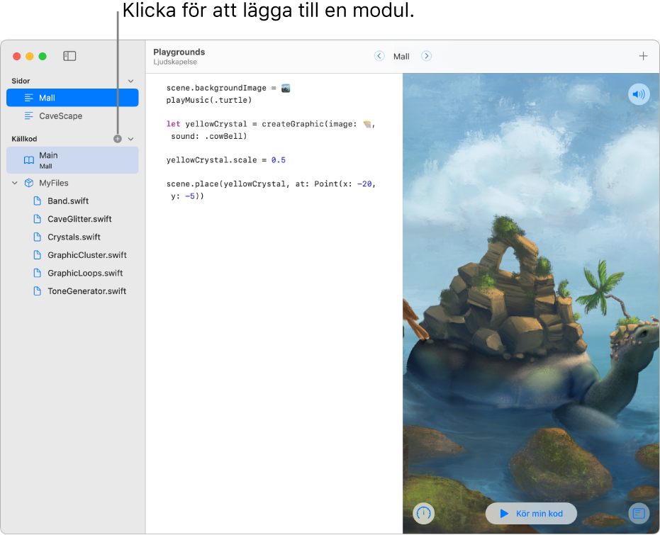 En playgroundsida där sidofältet är öppet och visar en lista med sidor, moduler och Swift-filer. Det finns ett plustecken högst upp i avsnittet Moduler i listan som visar att du kan klicka på det om du vill lägga till en modul. Nederdelen av avsnittet Moduler i sidofältet visar en ny, namnlös modul som är markerad och redo att få ett nytt namn.