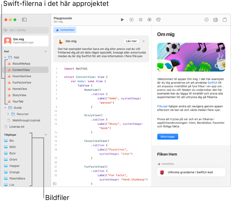 En applayground med guiden till appen öppen i det högra sidofältet med knappen Starta genomgången. Programmeringsområdet är synligt och det vänstra sidofältet är öppet med Swift-filerna och andra resurser i applaygrounden.