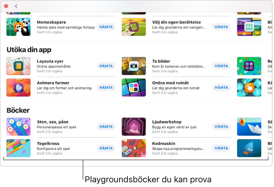 Fönstret Fler playgrounder. Avsnittet Böcker i nederkanten med flera exempel på playgroundböcker som du kan testa.