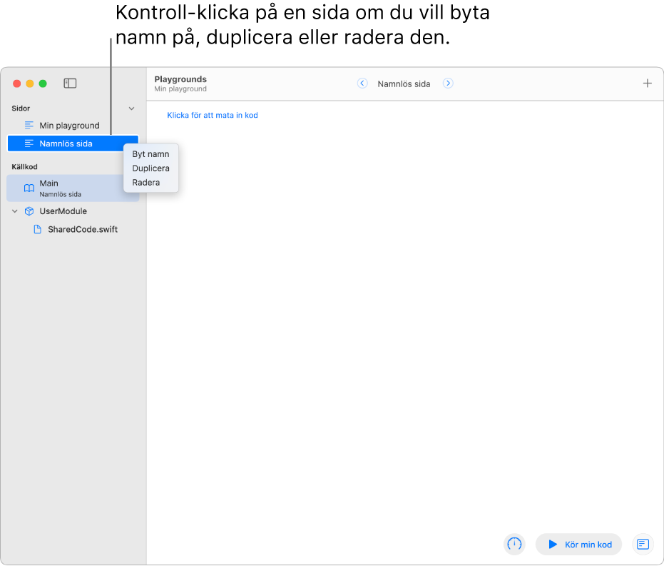 En playgroundbok där sidofältet är öppet och visar listan med sidor, moduler och filer. En av sidorna i sidofältet med en öppen kontextmeny som visar sidkommandona Byt namn, Duplicera och Radera.