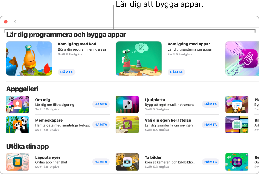 Fönstret Fler playgrounder visar övningsexemplen i avsnittet Lär dig programmera och bygga appar överst.