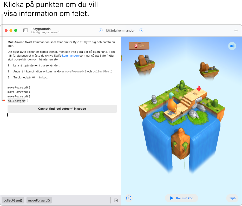 En öppen playgroundbok med kod till vänster, en röd punkt bredvid en kodrad som visar på ett fel och en förklaring av felet nedanför den.