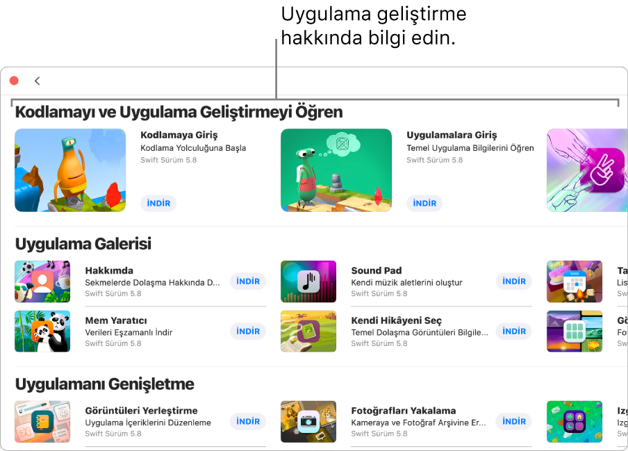 En üstte Kodlamayı ve Uygulama Geliştirmeyi Öğren bölümündeki öğreticileri gösteren Daha Fazla Oyun Alanı penceresi.