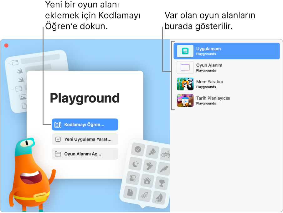 Swift Playground hoş geldin penceresi Kodlamayı Öğren, Yeni Uygulama Yarat veya Oyun Alanı Aç seçeneklerini görüntülüyor ve sağda var olan uygulamalar gösteriyor.