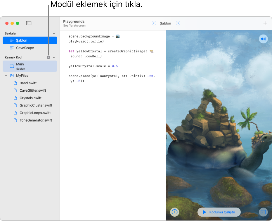 Kenar çubuğu açık, sayfalar, modüller ve Swift dosyaları listesi gösterilen bir oyun alanı sayfası. Listenin Modüller bölümünün en üstünde bir artı işareti vardır, modül eklemek için tıklayabileceğin gösterilir. Kenar çubuğundaki Modüller bölümünün en altında, adı değiştirilmeye hazır, yeni ve adsız bir modül seçili olarak gösterilir.