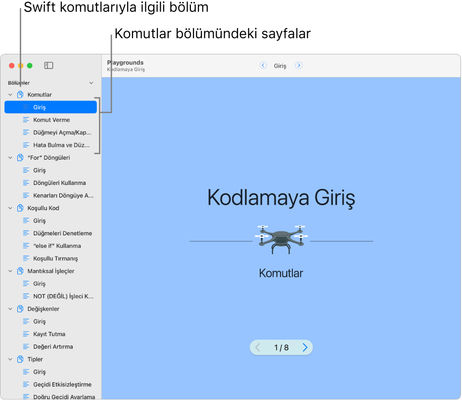 Kodlamaya Giriş oyun alanı kitabında Komutlara Giriş bölümünün ilk slaytı. Kenar çubuğu açık, oyun alanındaki tüm bölümleri ve sayfaları gösteriyor.