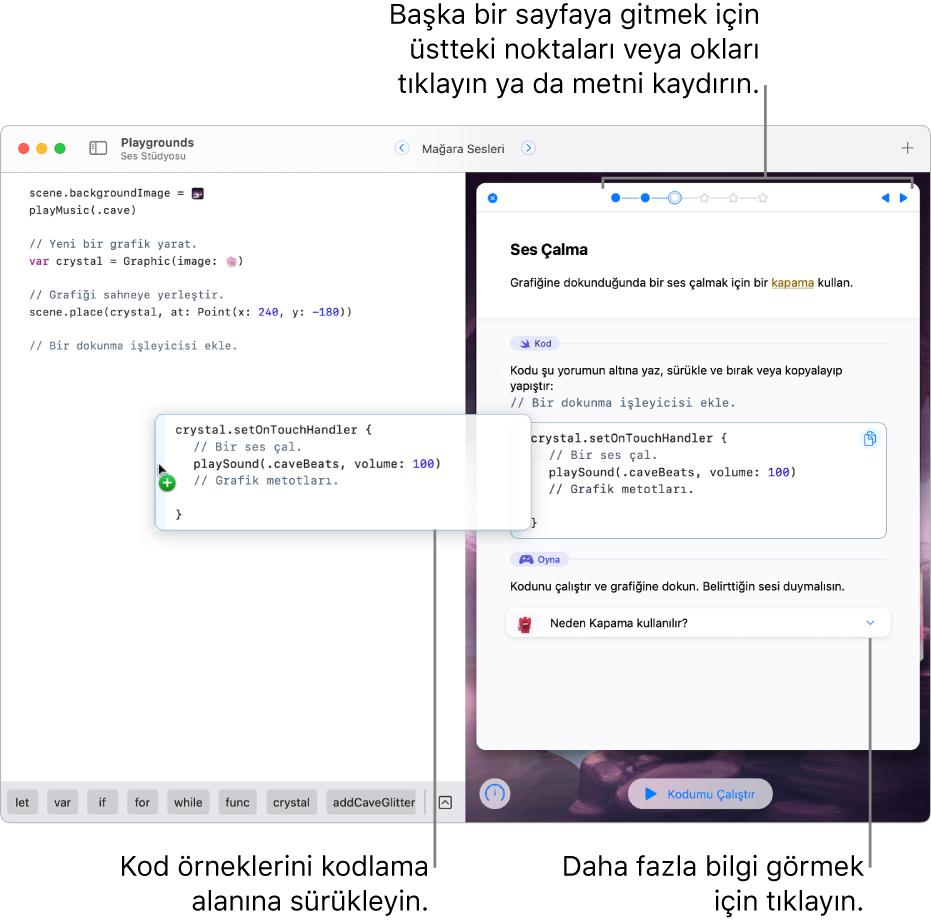 Sağda yönergeler ve örnek, solda bir kodlama alanı ile açık bir oyun alanı kitabı, örnek kodu yönergelerden kod alanına nasıl sürükleneceği gösteriliyor.