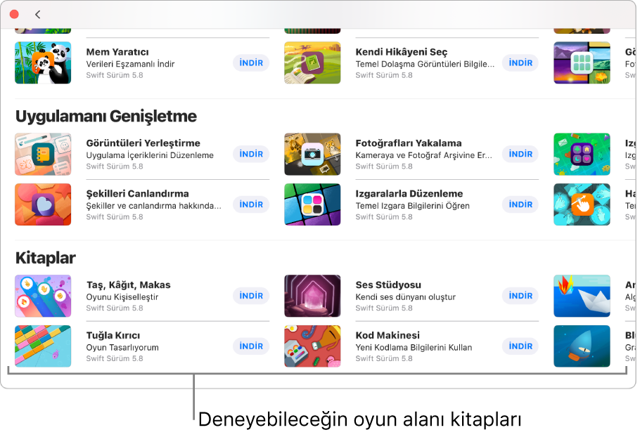 Daha Fazla Oyun Alanı penceresi. En altta, deneyebileceğin birçok örnek oyun alanı kitabını gösteren Kitaplar bölümü bulunur.