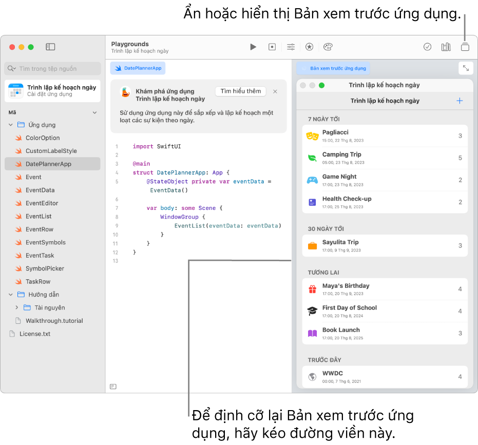 Một ứng dụng trình lập kế hoạch ngày, đang hiển thị mã mẫu ở bên trái và kết quả của mã trong Bản xem trước ứng dụng ở bên phải. Phía trên khu vực viết mã là phần mô tả ngắn gọn của ứng dụng, với một nút Tìm hiểu thêm mà bạn có thể bấm để tìm hiểu thêm về ứng dụng.