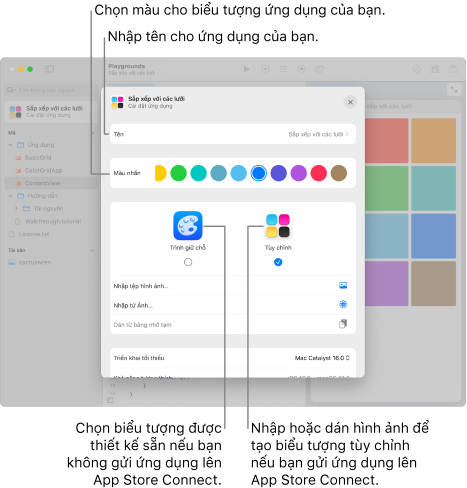 Cài đặt ứng dụng cho một ứng dụng, đang hiển thị tên của ứng dụng cũng như các màu và hình ảnh có thể được sử dụng để tạo một biểu tượng cho ứng dụng.