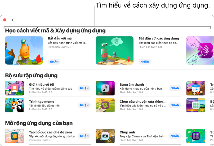 Cửa sổ Các playground khác đang hiển thị các hướng dẫn trong phần Học cách viết mã & Xây dựng ứng dụng ở trên cùng.