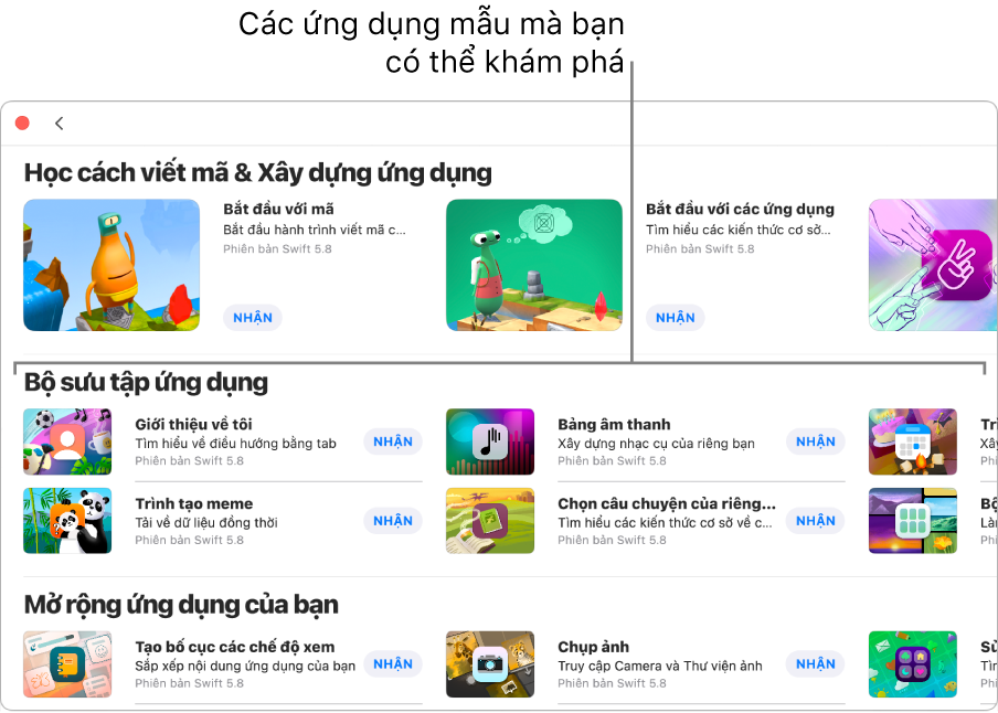 Cửa sổ Các playground khác, đang hiển thị phần Bộ sưu tập ứng dụng, với các ứng dụng mẫu mà bạn có thể sử dụng làm điểm bắt đầu để xây dựng các ứng dụng bằng cách thêm mã của riêng mình. Mỗi ứng dụng có một nút Nhận mà bạn có thể bấm để tải về. Các ứng dụng trong phần tiếp theo, Mở rộng ứng dụng của bạn, chứa mã mà bạn có thể sử dụng để mở rộng các ứng dụng khác mà bạn tải về hoặc tạo. Phần dưới cùng, Sách, bao gồm các sách playground.