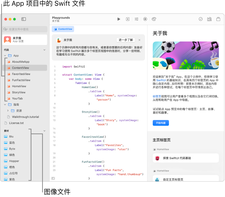 一个 App Playground，App 指南在右侧边栏中打开，显示“开始演示”按钮。编程区可见且左侧边栏已打开，显示 App Playground 中的 Swift 文件和其他资源。