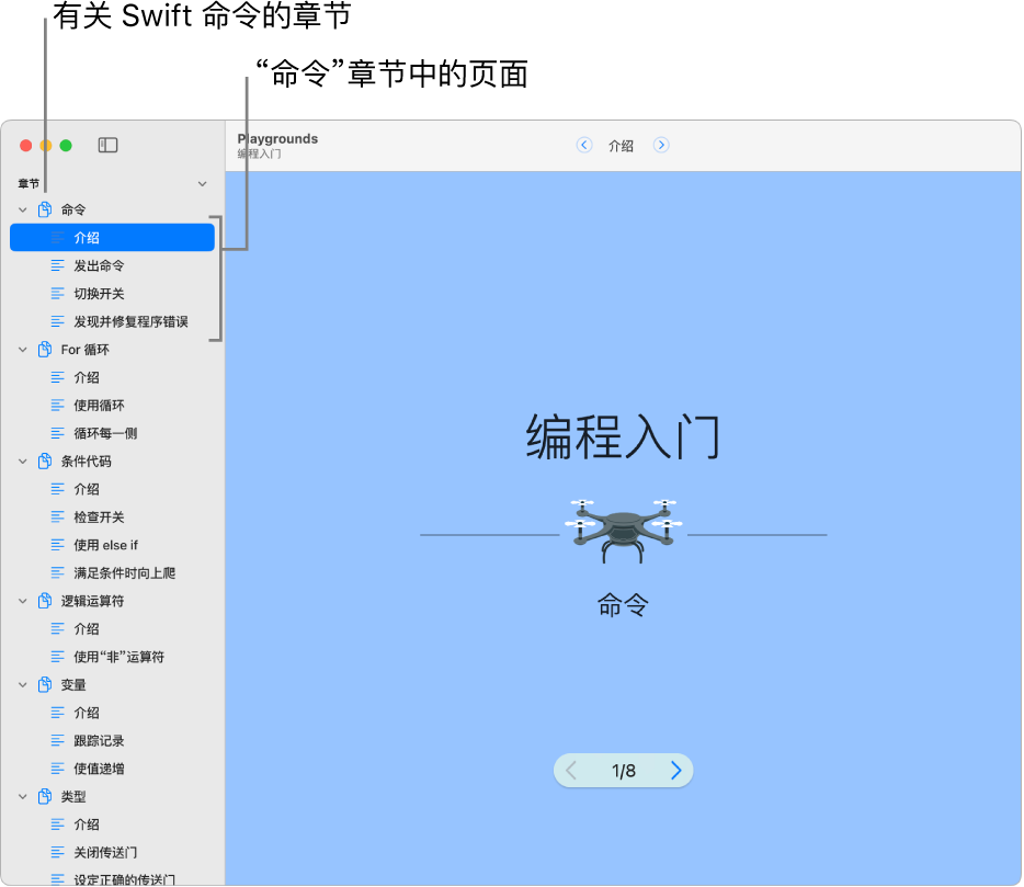 “编程入门” Playground 图书中“介绍命令”章节的第一张幻灯片。边栏打开,显示 Playground 中的所有章节和页面。