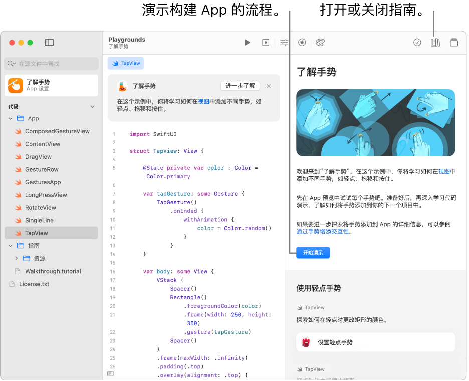 一个 App Playground，指南在右侧边栏中打开，显示“开始演示”按钮。代码位于左侧。代码上方的描述说明了代码的功能。