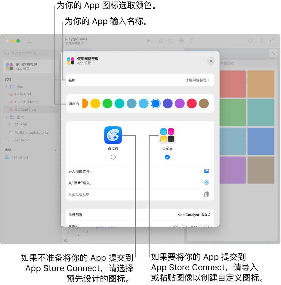 一个 App 的“App 设置”，显示 App 的名称以及可用于创建 App 图标的颜色和插图。