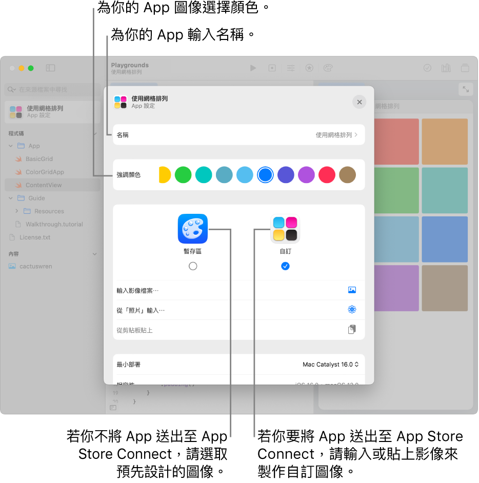 App 的「App 設定」視窗，顯示 App 的名稱以及可用來建立 App 圖像的顏色和插圖。