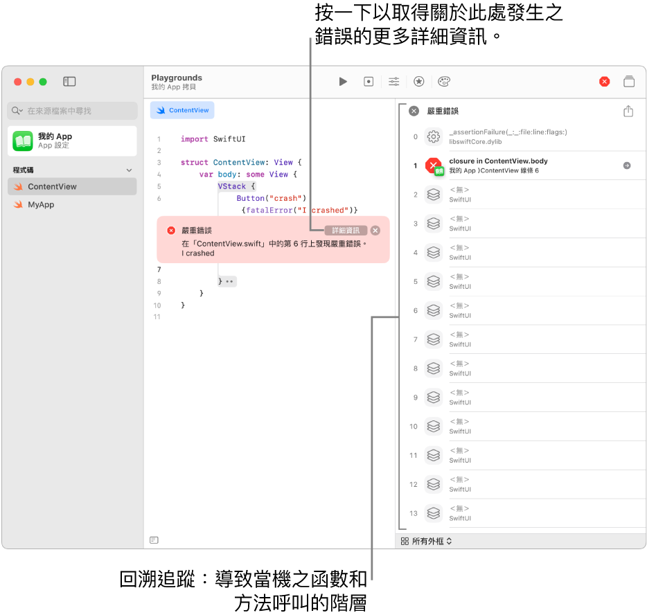App 中的程式碼在 App 執行後顯示錯誤。錯誤訊息包含會打開回溯追蹤的「詳細資訊」按鈕,回溯追蹤為導致當機的功能階層和方法呼叫。