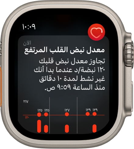 شاشة "معدل نبض القلب مرتفع" تظهر إشعارًا بارتفاع معدل نبض القلب فوق 120 نبضة/دقيقة لمدة 10 دقائق بينما يبدو أنك كنت غير نشط.