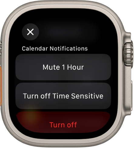 Настройки за известия на Apple Watch. На най-горния бутон пише „Mute 1 Hour“ („Заглушаване за 1 час“). Отдолу са бутоните за Turn off Time Sensitive (Изключване на зависими от датата и часа) и Turn Off (Изключване).