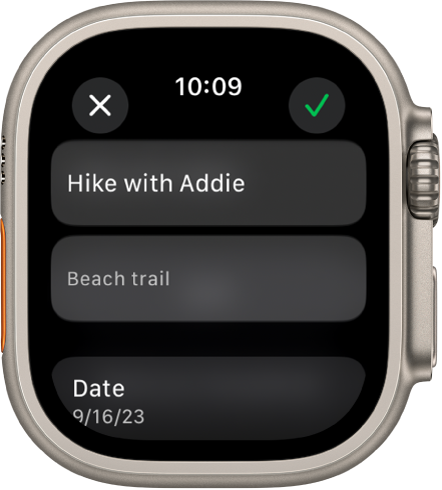 Екранът Edit (Редактирай) в приложението Reminders (Напомняния) на Apple Watch. Името на напомнянето е в горната част, а под него има описание. В долната част е датата на напомнянето, когато напомнянето трябва да се появи. Бутонът Check (Проверка) е горе вдясно. Бутонът Затвори е горе вляво.