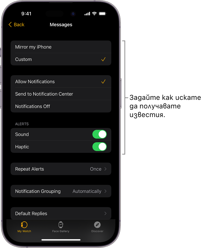 Настройки на съобщения в приложението Apple Watch на iPhone. Можете да изберете дали да се показват предупреждения, да включите звук, да включите осезаем сигнал и да повтаряте предупрежденията.