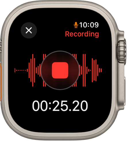Приложението Voice Memos (Гласови бележки) по време на записване на бележка. По средата се появява червен бутон Stop (Прекрати). Отдолу е изтеклото време на записването. Думата Recording (Записване) се появява горе вдясно.