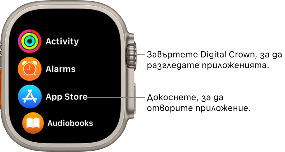 Начален екран на Apple Watch с изглед в списък, с приложения в списък. Докоснете приложение, за да го отворите. Прелистете, за да видите повече приложения.