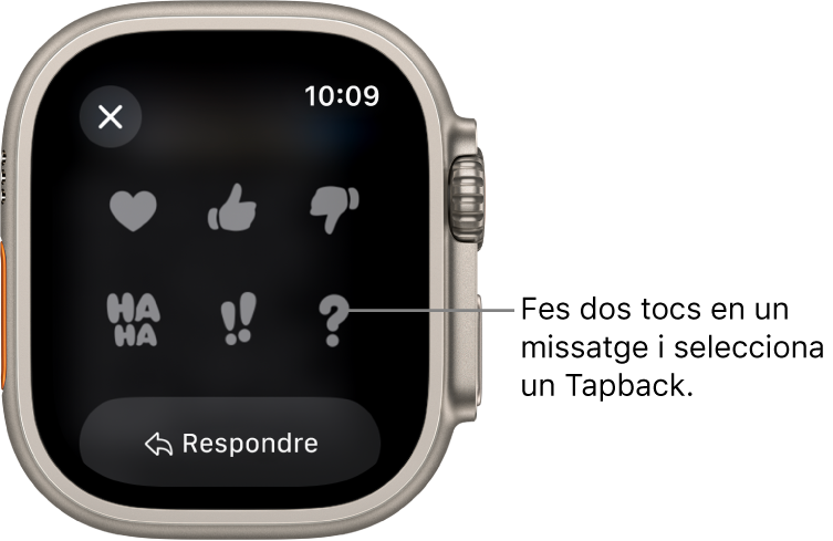 Una conversa a l’app Missatges amb algunes opcions de Tapback: un cor, una mà amb el polze cap amunt, una mà amb el polze cap avall, un riure, !! i ?. El botó Respondre és a sota.
