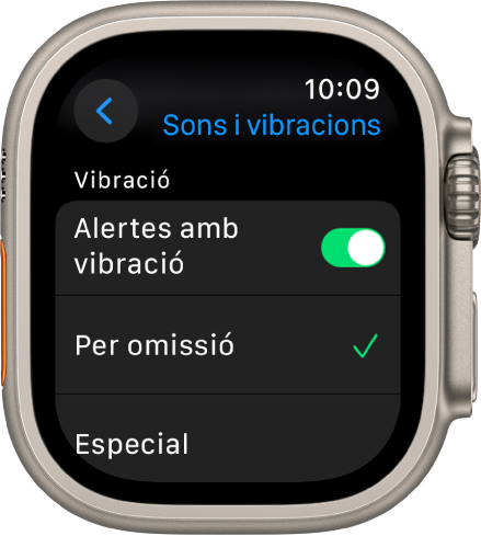 La configuració “Sons i vibracions” a l’Apple Watch, amb l’interruptor “Alertes amb vibració” i les opcions “Per omissió” i Especial a sota.
