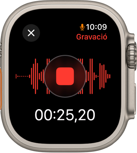 L’App Notes de Veu durant la gravació d’una nota de veu. Al mig hi ha el botó vermell Aturar. A continuació es mostra el temps transcorregut de la gravació. La paraula “Gravació” apareix a la part superior dreta.