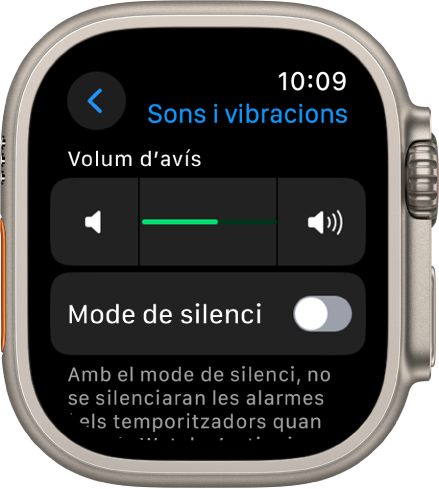 La configuració “Sons i vibracions” a l’Apple Watch, amb el regulador del volum d’avís a la part superior i l’interruptor del mode de silenci a sota.