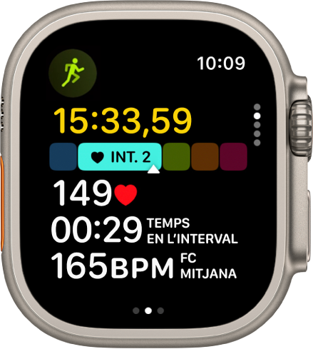 Pantalla d’un entrenament de córrer en curs que mostra el temps transcorregut, la zona en la qual et trobes, la freqüència cardíaca, el temps passat en la zona actual i la freqüència cardíaca mitjana.