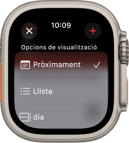Pantalla del calendari que mostra el botó “Nou esdeveniment” a la part superior i tres opcions de visualització a sota: “A continuació”, “Llista” i “Dia”. A la part superior dreta hi ha el botó “Afegir”.
