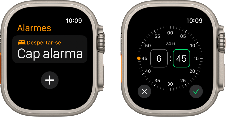 Dues pantalles de rellotge que mostren el procés d’afegir una alarma: toca “Afegir alarma”, toca AM o PM, fes girar la Digital Crown per ajustar l’hora i, després, toca el botó Marcar.